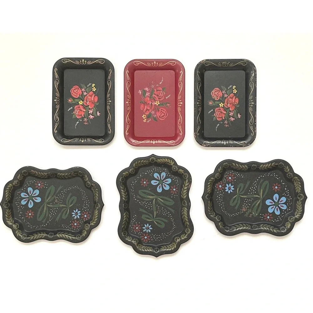 Vintage Set of 6 Mini Trays Toleware Floral  Black Red Rose Shabby Cottage Folk